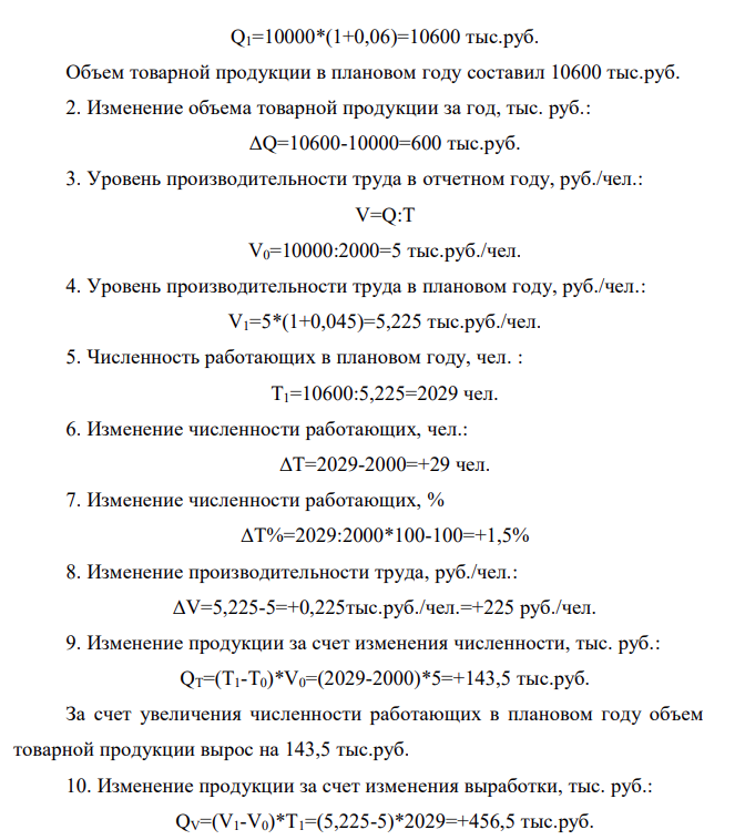 В таблице приведены данные о работе предприятия Показатели Отчетный год Плановый год Прирост за год в % в единицах измерения Объем товарной продукции, тыс. руб. (Q) 10000 ? 6 ? Численность работающих, чел. (Т) 2000 ? ? ? Производительность труда, руб./чел. (V) ? ? 4,5 ?