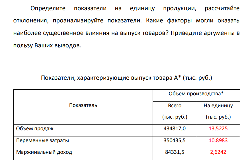 Определите показатели на единицу продукции, рассчитайте отклонения, проанализируйте показатели. Какие факторы могли оказать наиболее существенное влияния на выпуск товаров? Приведите аргументы в пользу Ваших выводов