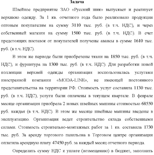 Швейное предприятие ЗАО «Русский шик» выпускает и реализует верхною одежду. За 1 кв. отчетного года было реализовано продукции оптовым покупателям на сумму 3110 тыс, руб. (в т.ч. НДС), и через собственный магазин на сумму 1500 тыс. руб. (в т.ч. НДС).