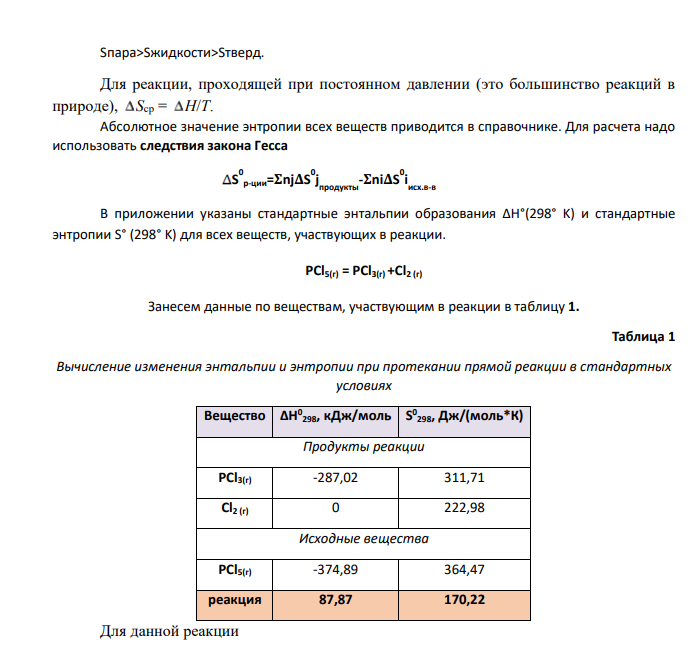 Для указанной реакции а) рассчитать стандартную энтальпию и энтропию; б) объяснить, какой из факторов: энтропийный или энтальпийный способствует самопроизвольному протеканию реакции в прямом направлении; в) в каком направлении (прямом или обратном) будет протекать реакция при 298К и 1000К; г) рассчитать температуру, при которой равновероятны оба процесса; д) назвать все способы увеличения концентрации продуктов равновесной смеси. е) построить график зависимости ΔGр (кДж) от Т (К) 47 PCl5(г) = PCl3(г) +Cl2 (г)