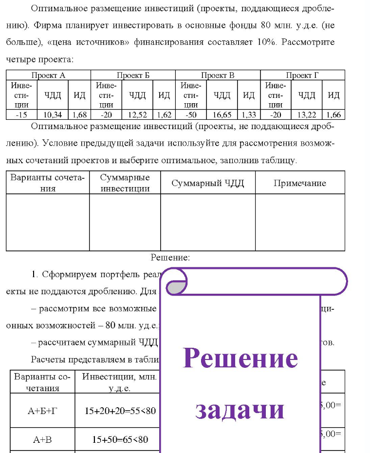 Оптимальное размещение инвестиций (проекты, поддающиеся дробле- нию). Фирма планирует инвестировать в основные фонды 80 млн. у.д.е. (не больше), «цена источников» финансирования составляет 10%. Рассмотрите четыре проекта: Проект