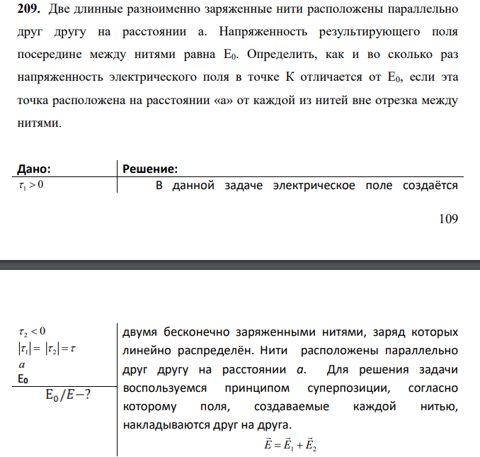 Две длинные разноименно заряженные нити расположены параллельно друг другу на расстоянии а. Напряженность результирующего поля посередине между нитями равна E0.