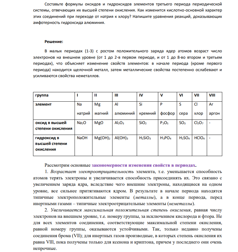 Составьте формулы оксидов и гидроксидов элементов третьего периода периодической системы, отвечающих их высшей степени окисления. Как изменится кислотно-основной характер этих соединений при переходе от натрия к хлору?