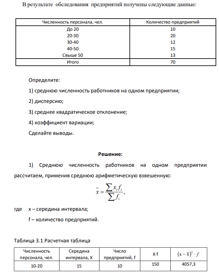 В результате обследования предприятий получены следующие данные: Численность персонала, чел. Количество предприятий До 20 10 20-30 20 30-40 12 40-50 15 Свыше 50 13 Итого 70 Определите: 1) среднюю численность работников на одном предприятии; 2) дисперсию; 3) среднее квадратическое отклонение; 4) коэффициент вариации; Сделайте выводы.