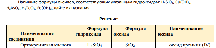 Напишите формулы оксидов , соответствующих указанным гидроксидам: Н4SiO4, Cu(OH)2, H3AsO3, H6TeO6, Fe(OH)3, дайте их названия.