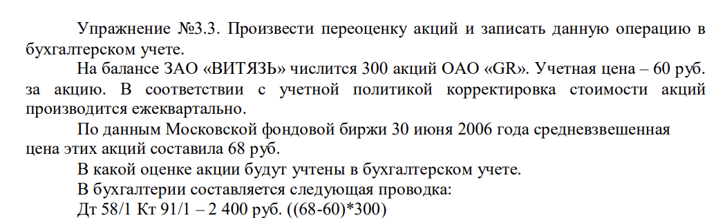 Произвести переоценку акций и записать данную операцию в бухгалтерском учете. На балансе ЗАО «ВИТЯЗЬ» числится 300 акций ОАО «GR».
