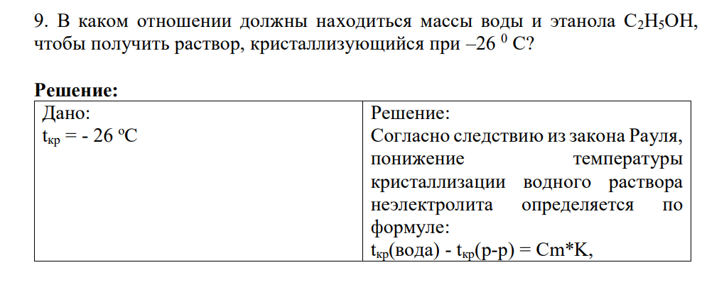 В каком отношении должны находиться массы воды и этанола С2Н5ОН, чтобы получить раствор, кристаллизующийся при –26 0 С?