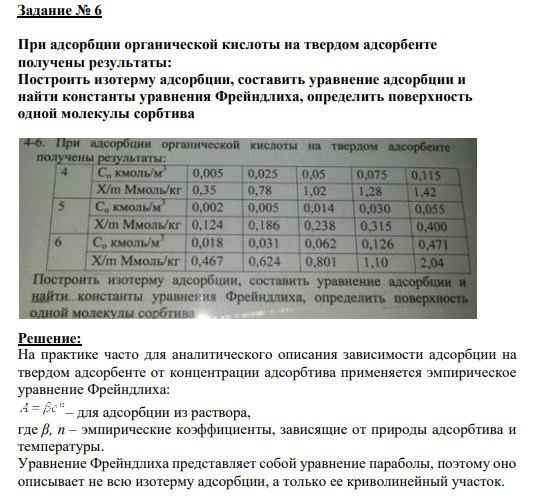 Задание № 6 При адсорбции органической кислоты на твердом адсорбенте получены результаты: Построить изотерму адсорбции, составить уравнение адсорбции и найти константы уравнения Фрейндлиха, определить поверхность одной молекулы сорбтива