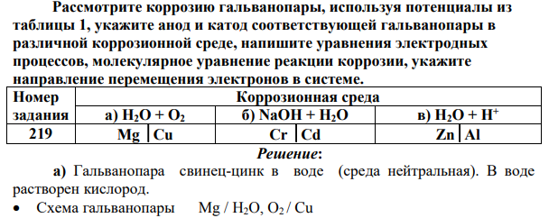 Рассмотрите коррозию гальванопары, используя потенциалы из таблицы 1, укажите анод и катод соответствующей гальванопары в различной коррозионной среде, напишите уравнения электродных процессов, молекулярное уравнение реакции коррозии, укажите направление перемещения электронов в системе