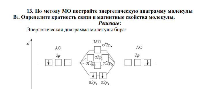 По методу МО постройте энергетическую диаграмму молекулы В2. Определите кратность связи и магнитные свойства молекулы