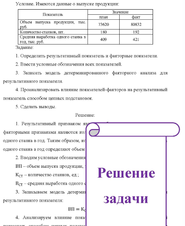Условие. Имеются данные о выпуске продукции: Показатель Объем выпуска продукции, тыс. руб. Количество станков, шт. Средняя выработка одного станка в год, тыс. руб. план 73620 180 409 Значение факт