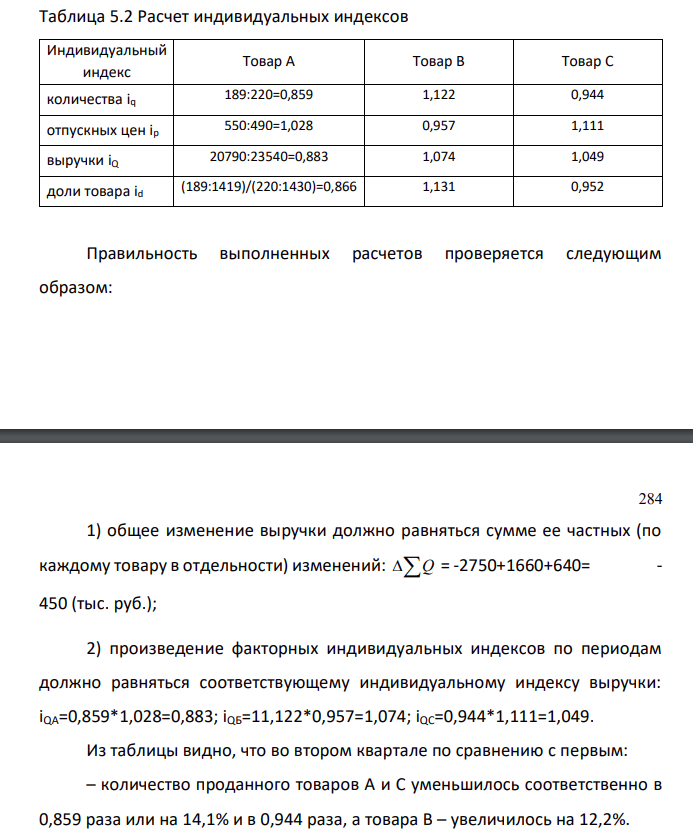 Имеются следующие данные о продажах минимаркетом 3-х видов товаров (A, B и C): Товар Цена за единицу продукта, руб. Объем продаж, тыс. штук 1 квартал 2 квартал 1 квартал 2 квартал А 107 110 220 189 В 46 44 490 550 С 18 20 720 680