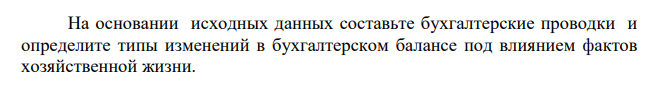 На основании исходных данных составьте бухгалтерские проводки и определите типы изменений в бухгалтерском балансе под влиянием фактов хозяйственной жизни.