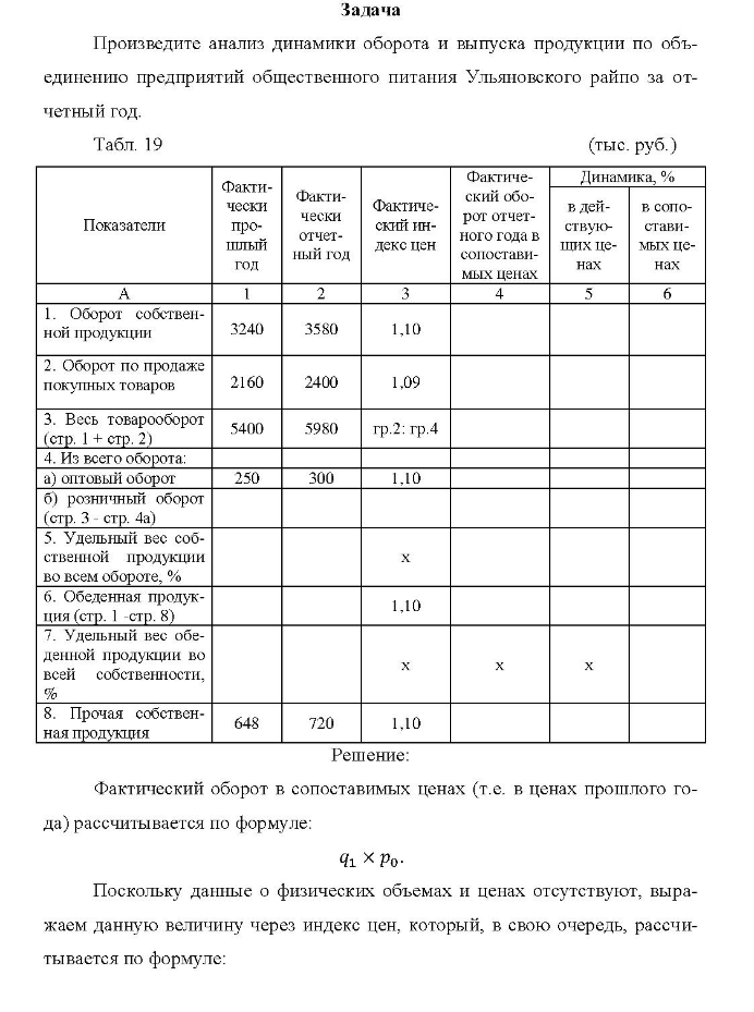 Задача Произведите анализ динамики оборота и выпуска продукции по объ- единению предприятий общественного питания Ульяновского райпо за от- четный год.