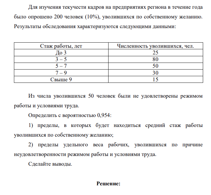 Для изучения текучести кадров на предприятиях региона в течение года было опрошено 200 человек (10%), уволившихся по собственному желанию. Результаты обследования характеризуются следующими данными: Стаж работы, лет Численность уволившихся, чел. До 3 25 3 – 5 80 5 – 7 50 7 – 9 30 Свыше 9 15