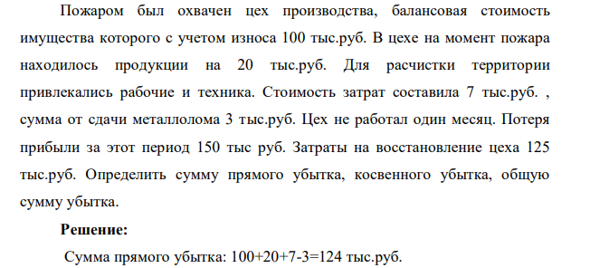 Пожаром был охвачен цех производства, балансовая стоимость имущества которого с учетом износа 100 тыс.руб. В цехе на момент пожара находилось продукции на 20 тыс.руб. Для расчистки территории привлекались рабочие и техника.