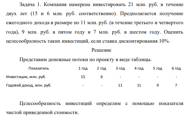 Компания намерена инвестировать 21 млн. руб. в течение двух лет (15 и 6 млн. руб. соответственно). Предполагается получение ежегодного дохода в размере по 11 млн. руб. (в течение третьего и четвертого года), 9 млн. руб. в пятом году и 7 млн. руб. в шестом году. Оценить целесообразность таких инвестиций, если ставка дисконтирования 10%.