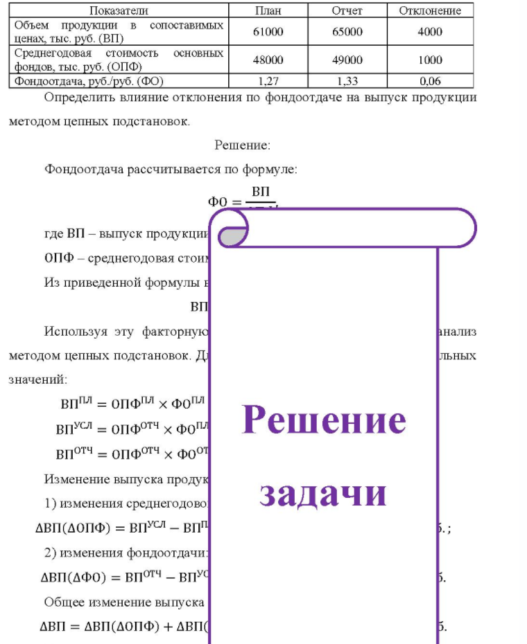 Показатели План Отчет Отклонение Объем продукции в сопоставимых ценах, тыс. руб. (ВП) Среднегодовая стоимость основных фондов, тыс. руб. (ОПФ) Фондоотдача, руб. /руб. (ФО) 61000 48000 1.27 65000 49000 1,33 4000 1000 0,06 Определить влияние