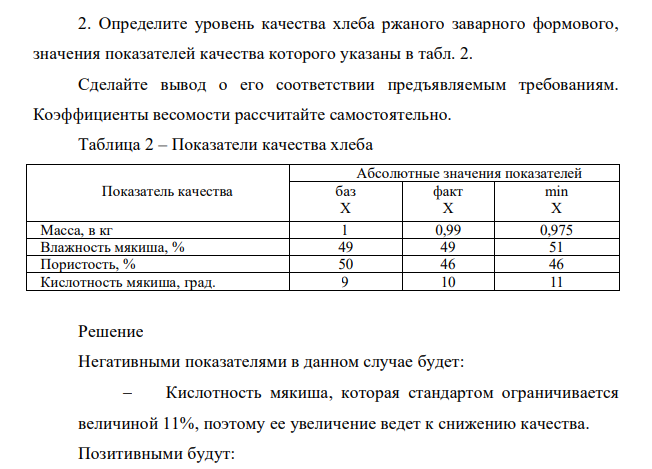 Определите уровень качества хлеба ржаного заварного формового, значения показателей качества которого указаны в табл. 2. Сделайте вывод о его соответствии предъявляемым требованиям. Коэффициенты весомости рассчитайте самостоятельно.