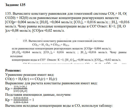 135. Вычислите константу равновесия для гомогенной системы CO(,+ H, O( CO20) + H2(0) если равновесные концентрации реагирующих веществ: [CO]p= 0,004 моль/л; [H,0], =0,064 моль/л; [CO,], = 0,016 моль/л; ; |H,], =0,016 моль/л. Чему равны исходные концентрации воды и СO? Ответ: К=1; [H, O ]сx=0,08 моль/л; [CO]ex=0,02 моль/л.