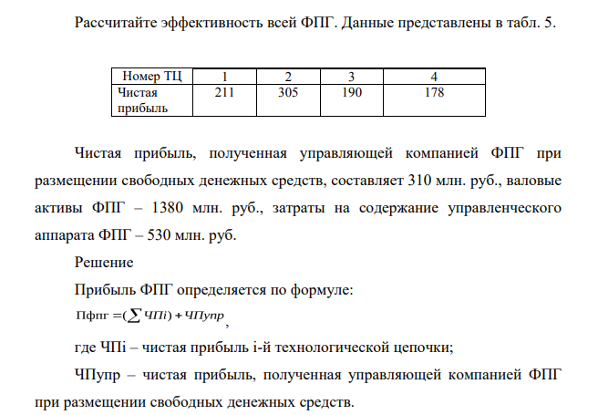 Рассчитайте эффективность всей ФПГ. Данные представлены в табл. 5. Номер ТЦ 1 2 3 4 Чистая прибыль 211 305 190 178