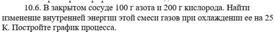 В закрытом сосуде 100 г азота и 200 г кислорода. Найти изменение внутренней энергии этой смеси газов при охлаждении ее на 25 К. Постройте график процесса.