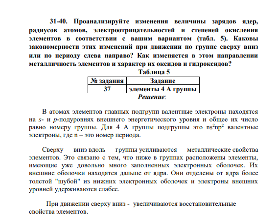 Проанализируйте изменения величины зарядов ядер, радиусов атомов, электроотрицательностей и степеней окисления элементов в соответствии с вашим вариантом (табл. 5). Каковы закономерности этих изменений при движении по группе сверху вниз или по периоду слева направо?