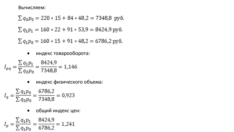 Товар Продано товара, тонн Средняя цена 1 кг, руб. 1-й год 2-й год 1-й год 2-й год Картофель 220 160 15,0 22,0 Морковь 84 91 48,2 53,9 Вычислите: индивидуальные индексы цен и количества произведенного товара; общий индекс товарооборота; общий индекс физического объема товарооборота; общий индекс цен и сумму экономии или перерасхода от изменения цен. Сделайте выводы.