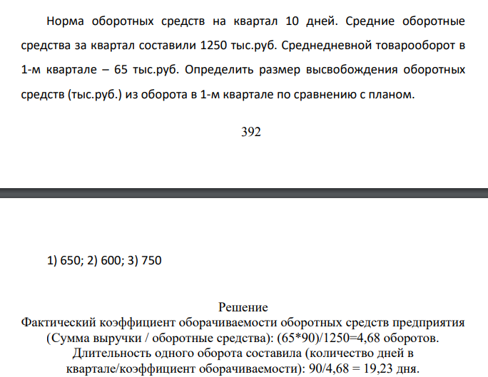 Норма оборотных средств на квартал 10 дней. Средние оборотные средства за квартал составили 1250 тыс.руб. Среднедневной товарооборот в 1-м квартале – 65 тыс.руб.