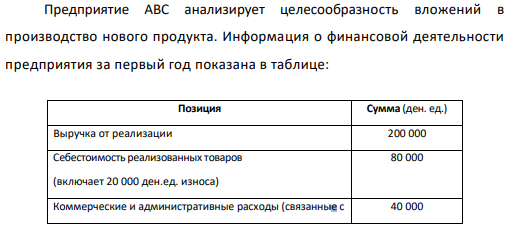 Предприятие ABC анализирует целесообразность вложений в производство нового продукта. Информация о финансовой деятельности предприятия за первый год показана в таблице: