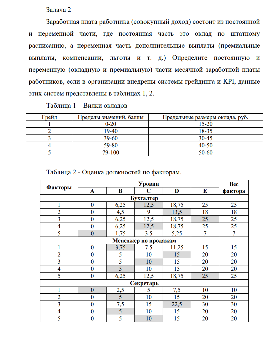 Заработная плата работника (совокупный доход) состоит из постоянной и переменной части, где постоянная часть это оклад по штатному расписанию, а переменная часть дополнительные выплаты (премиальные выплаты, компенсации, льготы и т. д.) Определите постоянную и переменную (окладную и премиальную) части месячной заработной платы работников, если в