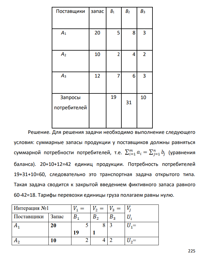 Решить транспортную задачу методом потенциалов. Первоначальный опорный план составьте методом северо-западного угла. Имеются три ткацких фабрики А1, А2 и А3 , которые поставляют ткань на три швейные фабрики в пределах России В1, В2 и В3. Известны запасы ткани на каждой ткацкой фабрике (в рулонах) и потребности в ней на каждой швейной фабрике.