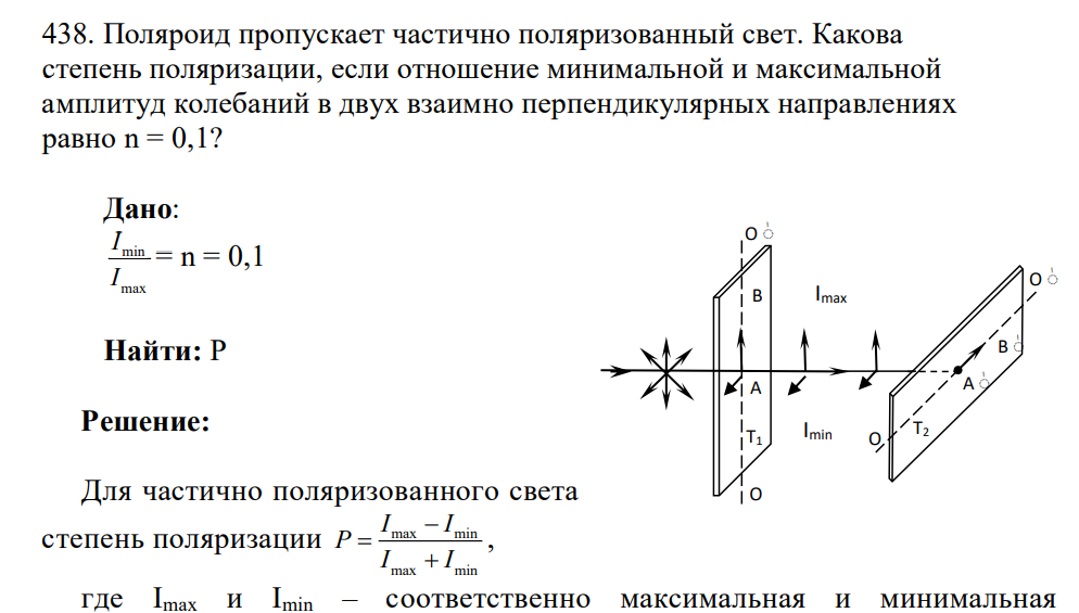 Поляроид пропускает частично поляризованный свет. Какова степень поляризации, если отношение минимальной и максимальной амплитуд колебаний в двух взаимно перпендикулярных направлениях равно n = 0,1? Дано: min max I I = n = 0,1 Найти: Р