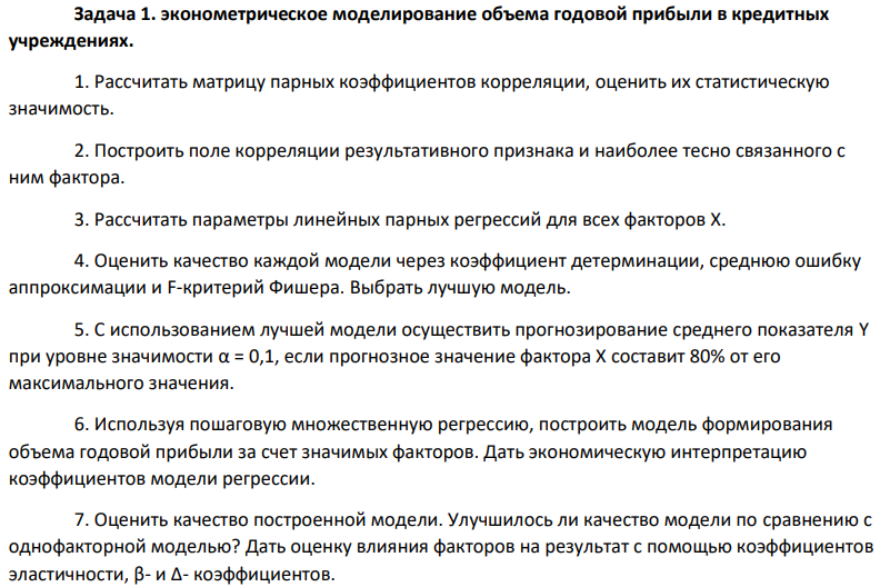 Задача 1. эконометрическое моделирование объема годовой прибыли в кредитных учреждениях. 1. Рассчитать матрицу парных коэффициентов корреляции, оценить их статистическую значимость. 2. Построить поле корреляции результативного признака и наиболее тесно связанного с ним фактора.