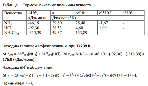 Выразить зависимость теплового эффекта реакции (табл.2) от температуры, если известен тепловой эффект этой реакции при Т=298К, и уравнение зависимости СР = ƒ(Т) [6,7]. Реакция: NH4Cl(т)=NH3+HCl Температура Т = 500 К 2. Вычислить тепловой эффект реакции при температуре Т и определить, насколько при этой температуре отличается ΔН0 Т отΔU0 Т (тепловой эффект реакции при постоянном давлении от теплового эффекта при постоянном объеме).