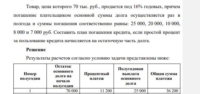 Товар, цена которого 70 тыс. руб., продается под 16% годовых, причем погашение плательщиком основной суммы долга осуществляется раз в полгода и суммы погашения соответственно равны: 25 000, 20 000, 10 000, 8 000 и 7 000 руб.