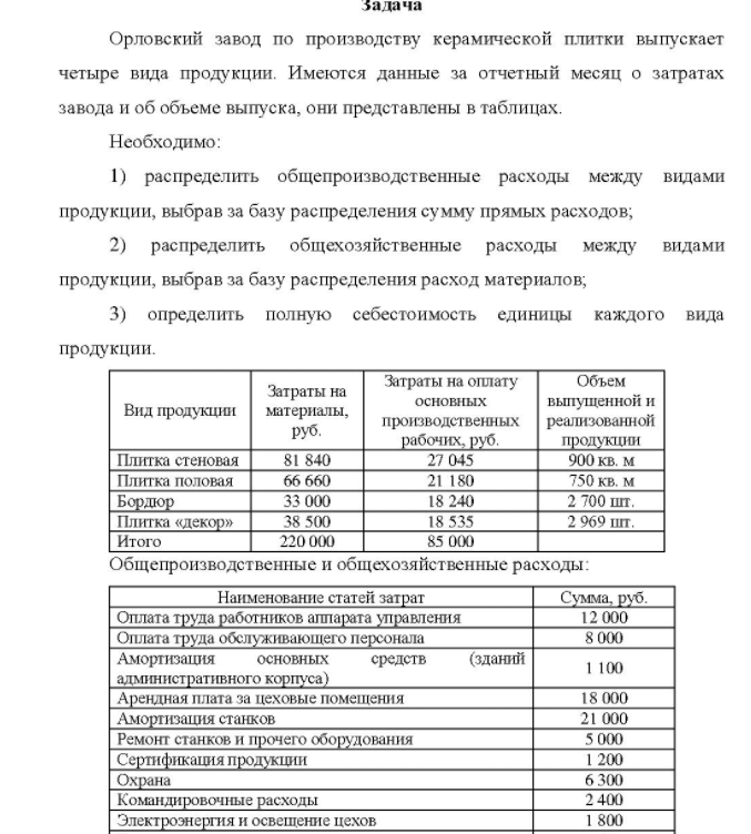 Орловский завод по производству керамической плитки выпускает четыре вида продукции. Имеются данные за отчетный месяц о затратах завода и об объеме выпуска, они представлены в таблицах.