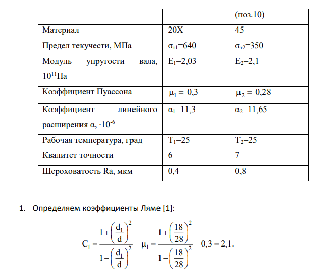 Расчет посадки с натягом Исходные данные: -номинальный диаметр сопряжения d = 28 мм; -диаметр отверстия на валу d1 = 18 мм; -наружный диаметр детали с отверстием 𝑑2 = 85 мм; -длина сопряжения l= 12 мм;