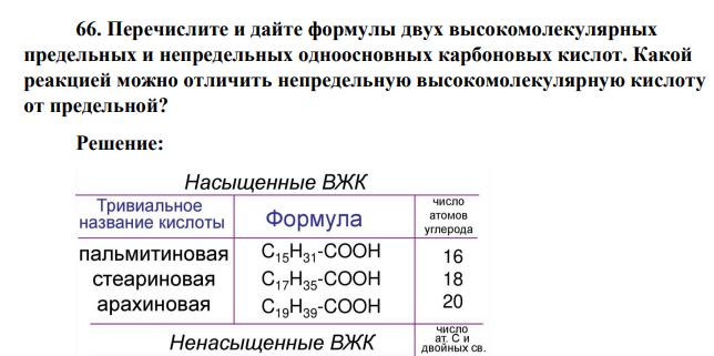Перечислите и дайте формулы двух высокомолекулярных предельных и непредельных одноосновных карбоновых кислот. Какой реакцией можно отличить непредельную высокомолекулярную кислоту от предельной