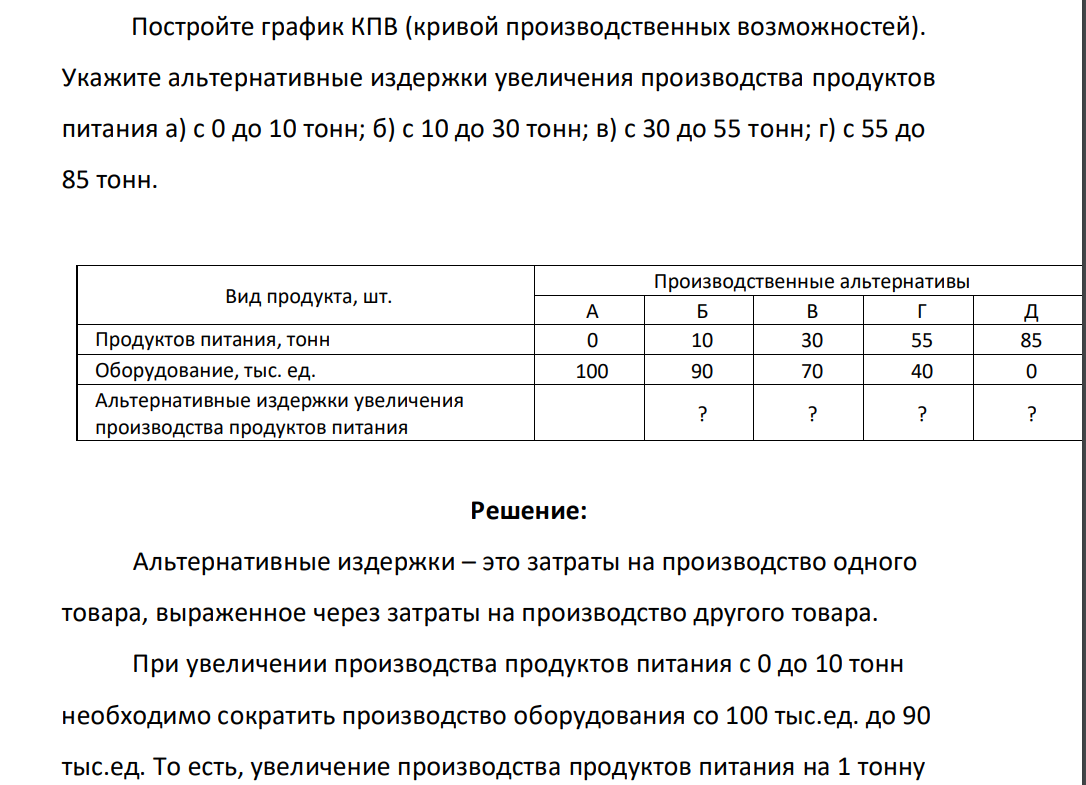 Постройте график КПВ (кривой производственных возможностей). Укажите альтернативные издержки увеличения производства продуктов питания а) с 0 до 10 тонн; б) с 10 до 30 тонн; в) с 30 до 55 тонн; г) с 55 до 85 тонн. Вид продукта, шт. Производственные альтернативы А Б В Г Д Продуктов питания, тонн 0 10 30 55 85 Оборудование, тыс. ед. 100 90 70 40 0 Альтернативные издержки увеличения производства продуктов питания ? ? ? ?