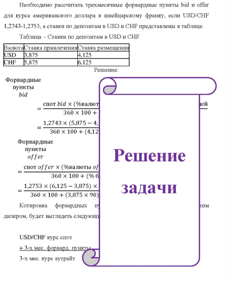 Необходимо рассчитать трехмесячные форвардные пункты bid и offer для курса американского доллара к швейцарскому франку, если USD/CHF 1,2743-1,2753, а ставки по депозитам в USD и CHF представлены в таблице. Таблица - Ставки по депозитам в USD и CHF ВалютаСтавка