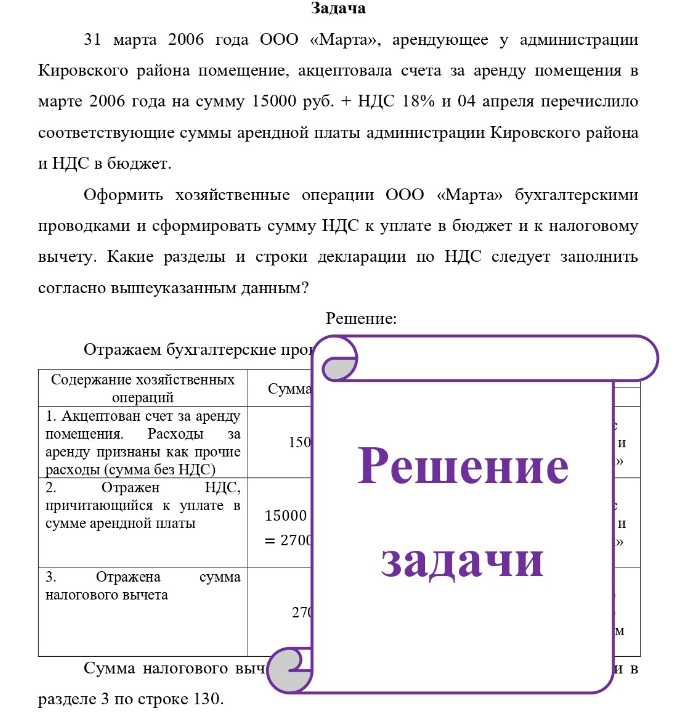 31 марта 2006 года ООО «Марта», арендующее у администрации Кировского района помещение, акцептовала счета за аренду помещения в марте 2006 года на сумму 15000 руб. + НДС 18% и 04 апреля перечислило соответствующие суммы арендной платы администрации Кировского района и НДС в бюджет. Оформить хозяйственные операции ООО «Марта» бухгалтерскими проводками и сформировать сумму НДС к уплате в бюджет и к налоговому вычету.