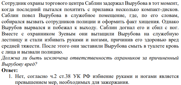 Сотрудник охраны торгового центра Саблин задержал Вырубова в тот момент, когда последний пытался похитить с прилавка несколько компакт-дисков. Саблин повел Вырубова в служебное помещение, где, по его словам, собирался вызвать сотрудников полиции и оформить факт хищения.