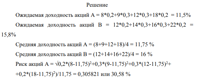 Имеются данные о ценных бумагах производственных компаний А и В. Состояние экономики Доходность акций А, % Доходность акций В, % Спад 8 12 Без изменения 9 14 Незначительный подъем 12 16 Существенный подъем 18 22 Вероятность состояния экономики приведена в таблице
