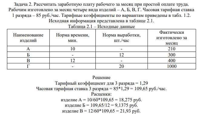 Рассчитать заработную плату рабочего за месяц при простой оплате труда. Рабочим изготовлено за месяц четыре вида изделий – А, Б, В, Г. Часовая тарифная ставка 1 разряда – 85 руб./час. Тарифные коэффициенты по вариантам приведены в табл. 1.2. Исходная информация представлена в таблице 2.1. Таблица 2.1 – Исходные данные