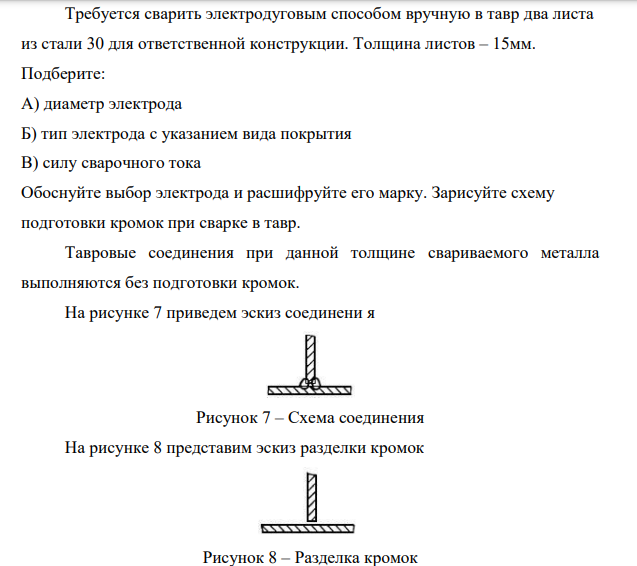 Требуется сварить электродуговым способом вручную в тавр два листа из стали 30 для ответственной конструкции. Толщина листов – 15мм.