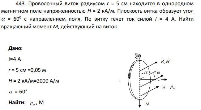 Проволочный виток радиусом r = 5 см находится в однородном магнитном поле напряженностью Н = 2 кА/м. Плоскость витка образует угол  = 600 с направлением поля.