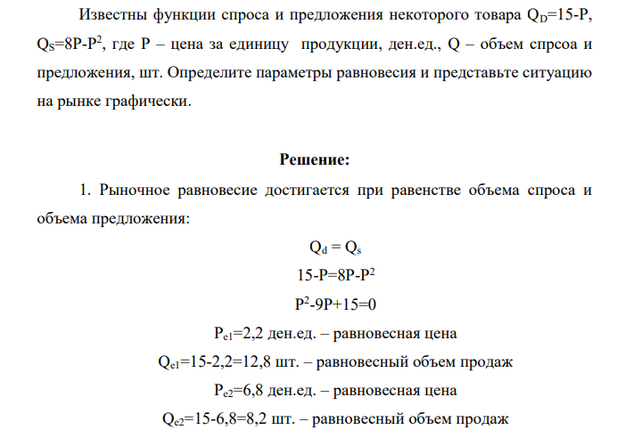 Известны функции спроса и предложения некоторого товара QD=15-P, QS=8P-P 2 , где Р – цена за единицу продукции, ден.ед., Q – объем спрсоа и предложения