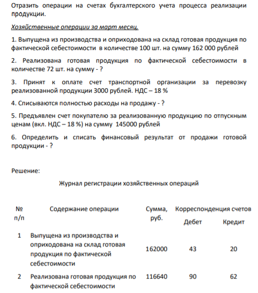 Отразить операции на счетах бухгалтерского учета процесса реализации продукции. Хозяйственные операции за март месяц.