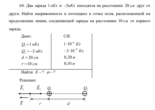 Два заряда 1 нКл и 3нКл находятся на расстоянии 20 см друг от друга. Найти напряженность и потенциал в точке поля, расположенной на продолжении линии, соединяющей заряды на расстоянии 10 см от первого заряда.